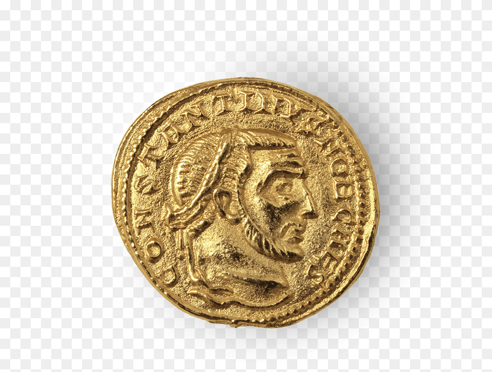 A Golden Roman Denarii Coin Coin, Gold, Person, Face, Head Free Png Download