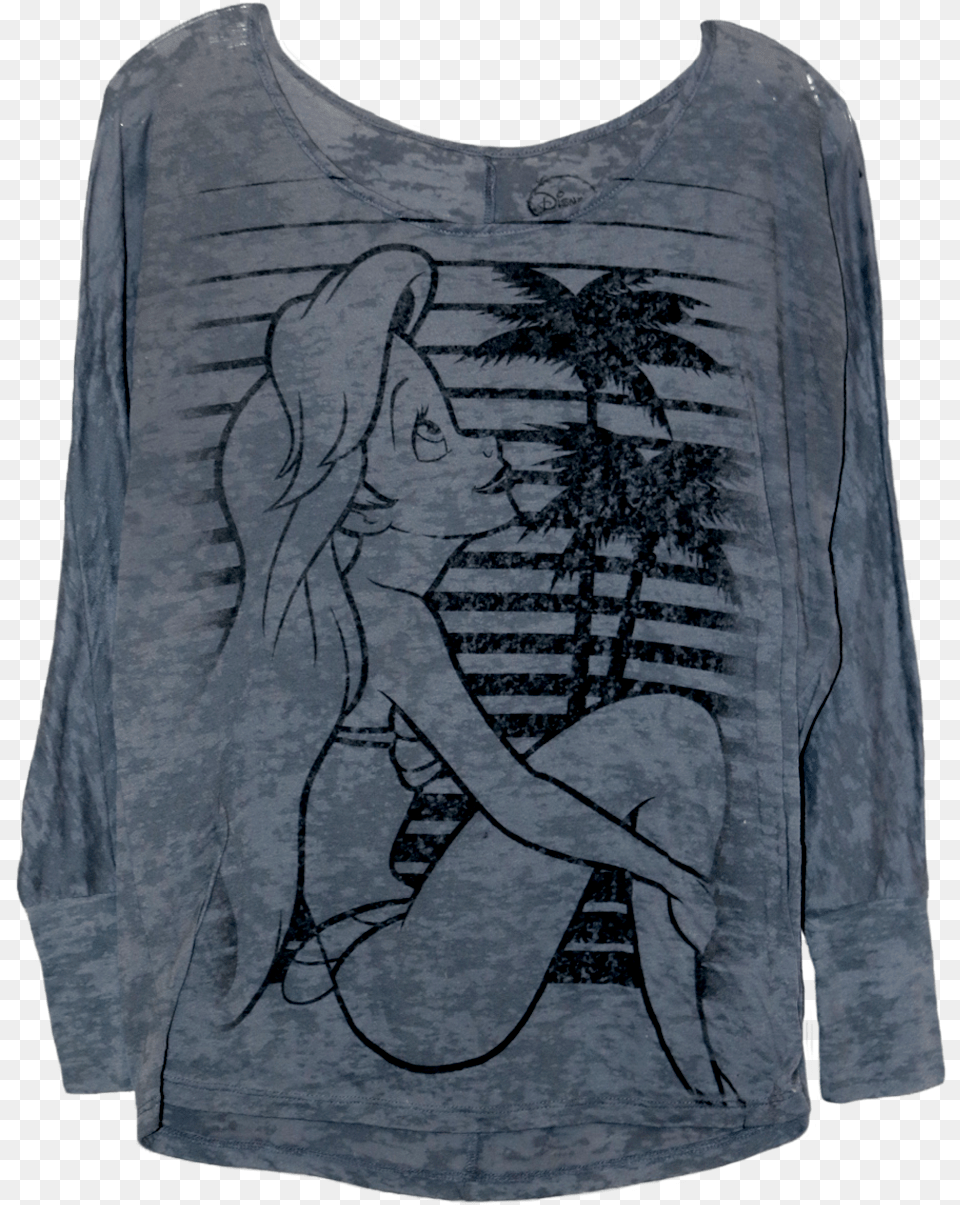 A Grey Long Sleeve Shirt With A Line Drawing Of Ariel Active Tank, Clothing, Long Sleeve, T-shirt, Person Free Png Download