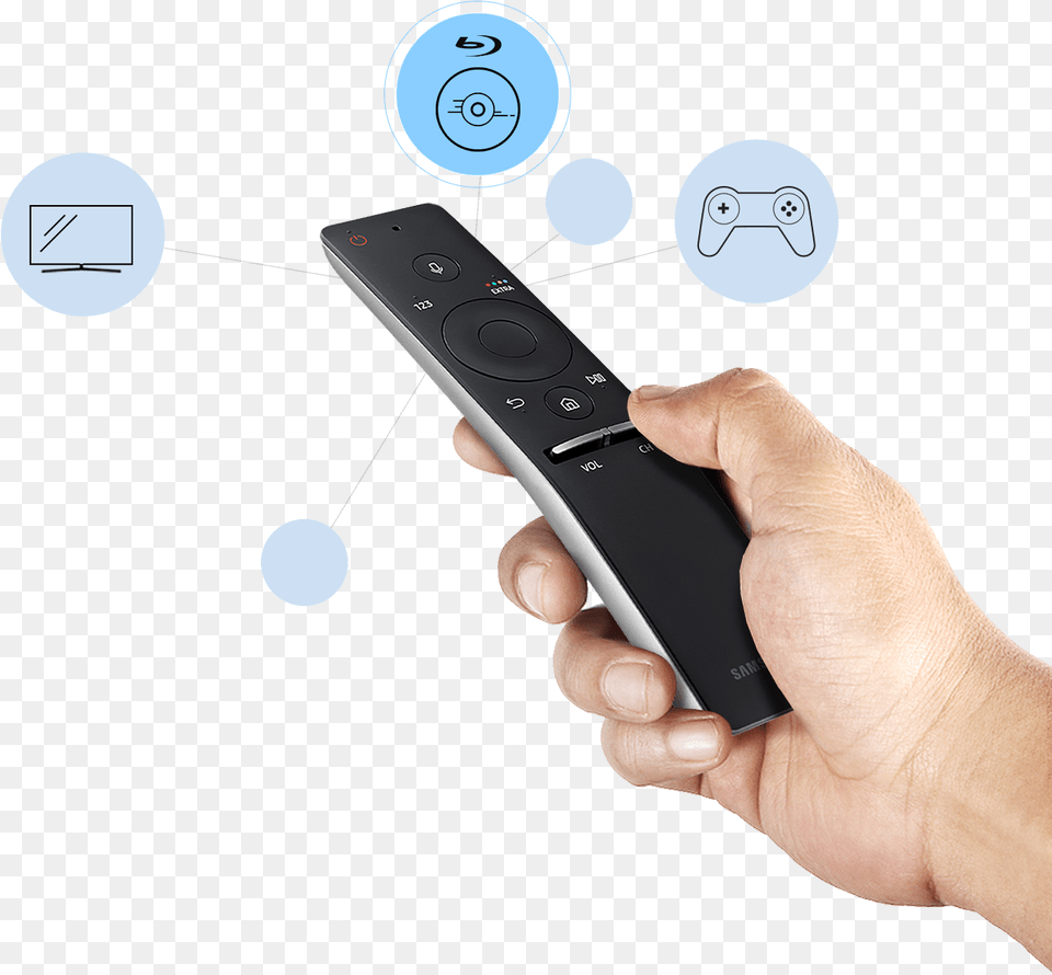 A Hand Holds A Remote Control And Function Icons Are Samsung Tv Remote Backlit, Electronics, Remote Control Free Png Download