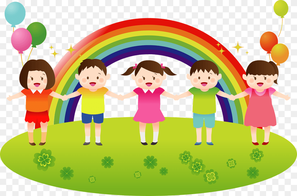 A Line Of Children In Front Of A Rainbow Clipart, Art, Graphics, Baby, Balloon Free Transparent Png