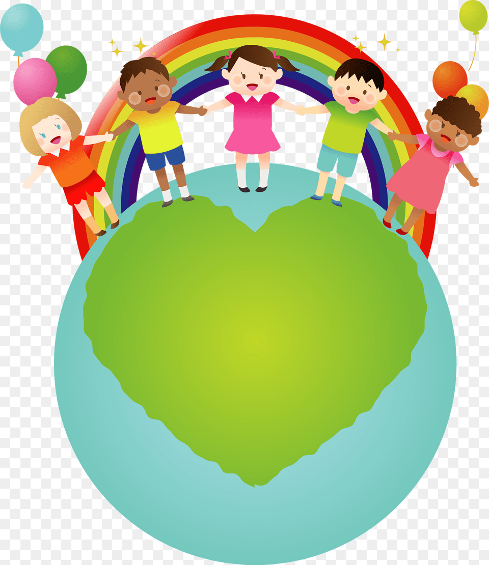 A Line Of Children In Front Of A Rainbow On Top Of The World Clipart, Sphere, Baby, Person, Face Free Png Download