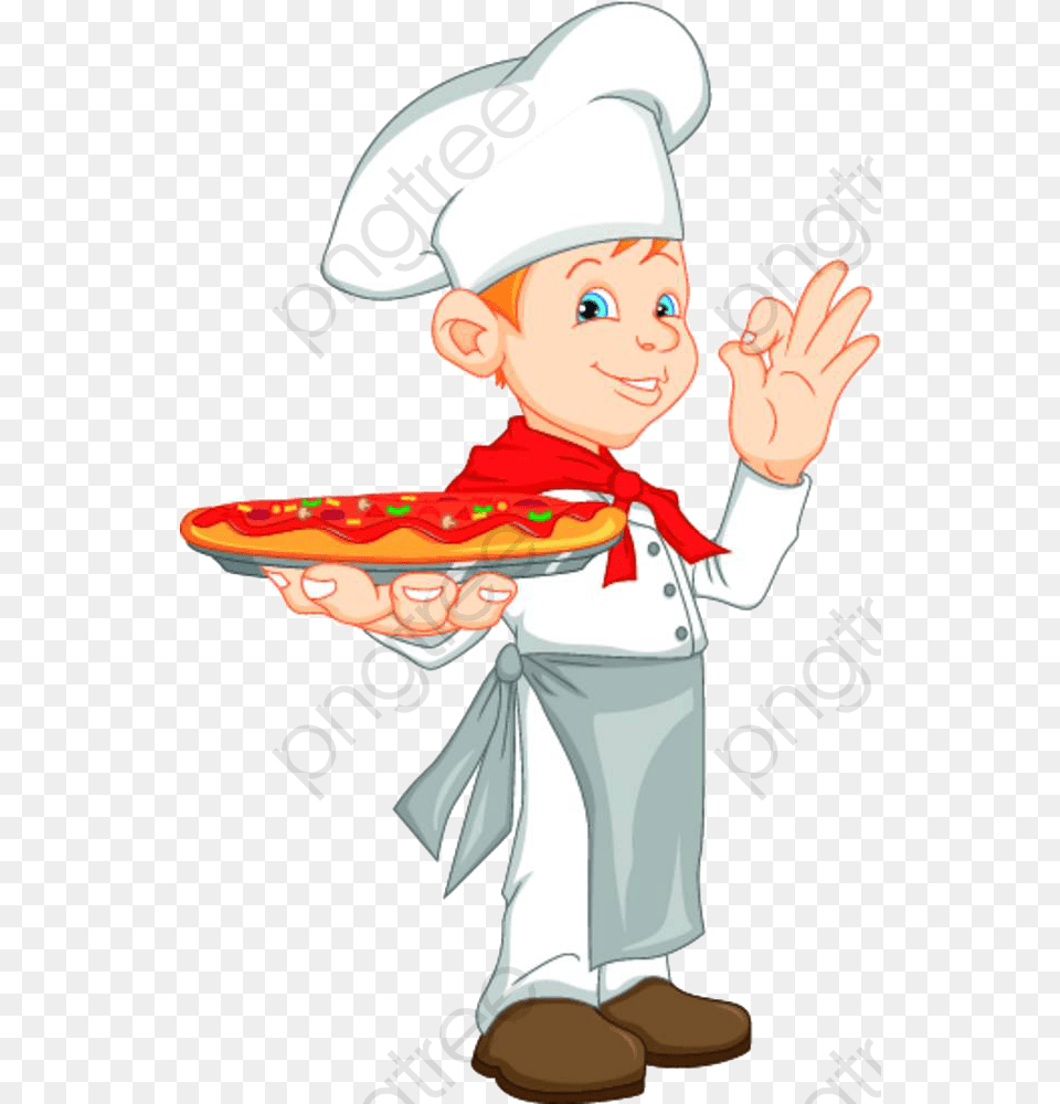 A Little Chef With Pizza Chef Clipart Cook Cartoon Cartoon Boy Holding Pizza, Baby, Person, Face, Head Png Image