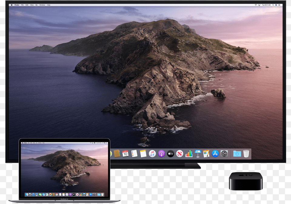 A Mac An Hdtv And Apple Tv Set Up For Airplay Mirroring Mac Os Catalina Wallpaper 4k, Coast, Shoreline, Sea, Outdoors Free Png Download