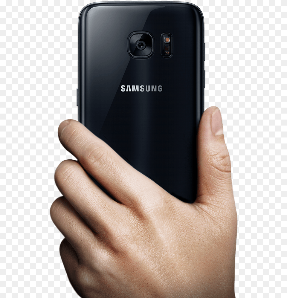 A Man Hand Holding Up Galaxy S7 To Mans Hand Holding Phone Transparent, Electronics, Mobile Phone, Body Part, Finger Png Image