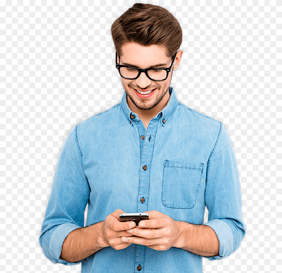 A Man In Blue Holding A Phone Phone And Boy, Texting, Mobile Phone, Head, Person Free Png Download