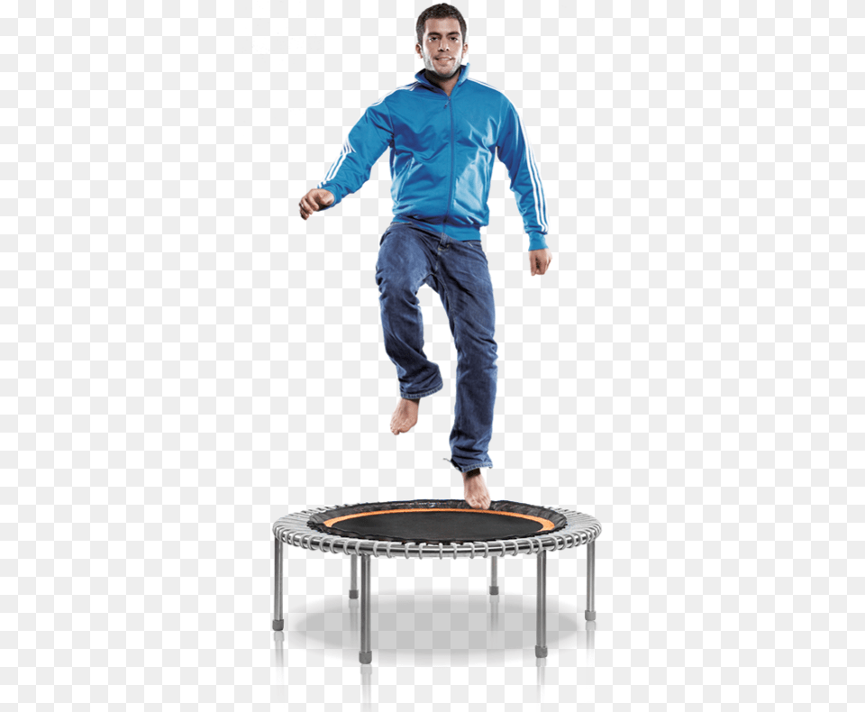 A Man Partakes In Low Impact Plyometric Training On Trampoline, Clothing, Pants, Adult, Male Png Image
