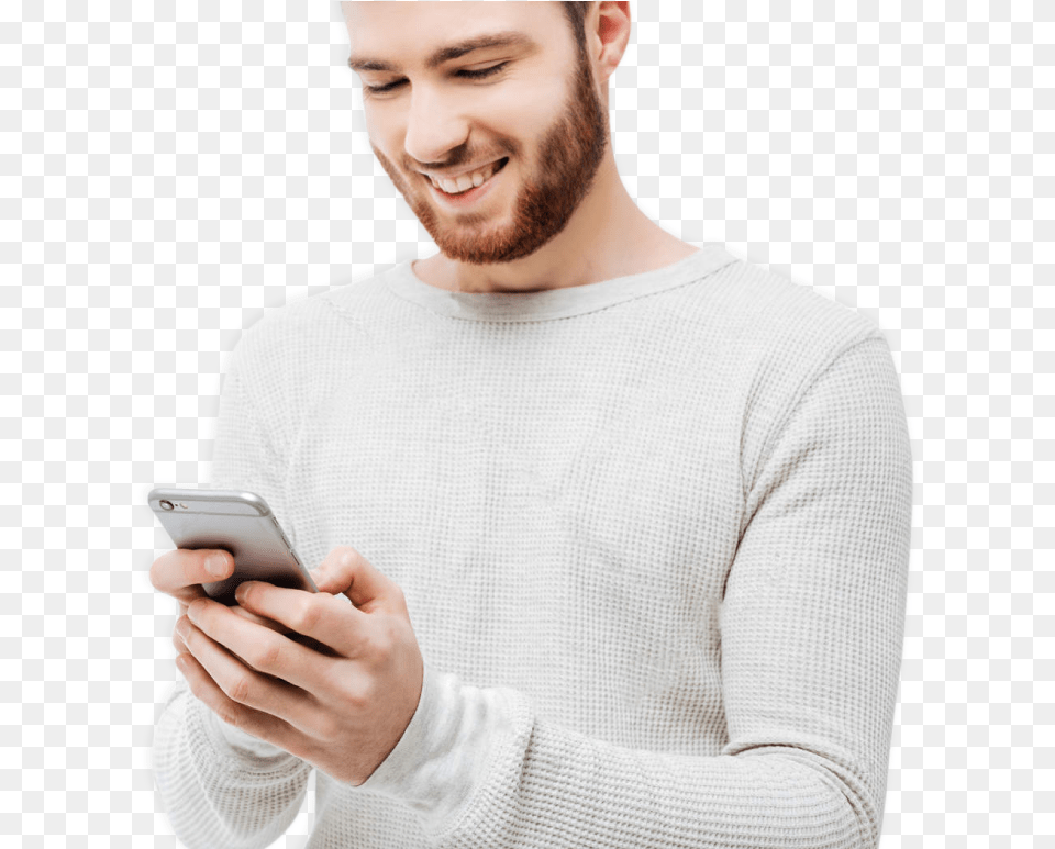 A Man Wearing A Grey Sweater Holding His Phone With Repost Or Die Meme, Electronics, Mobile Phone, Adult, Person Free Transparent Png