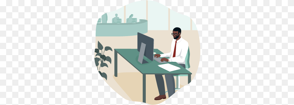 A Man Working At His Desk In An Office Sitting, Computer, Electronics, Table, Furniture Png