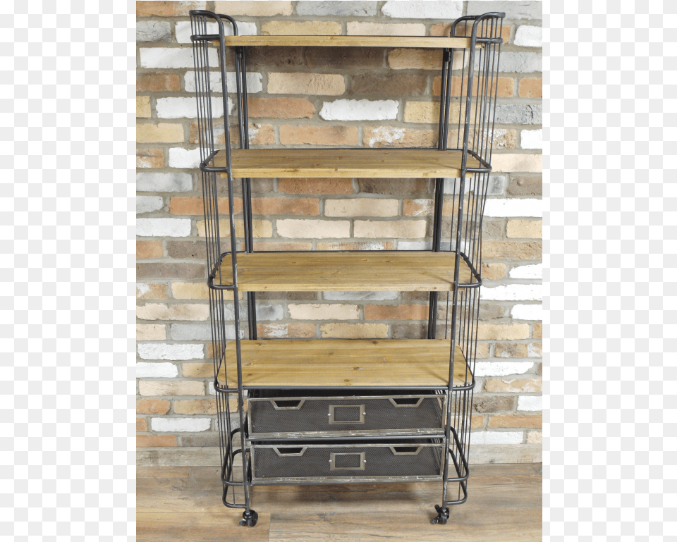 A Metal Frame Four Wooden Shelf Amp Two Metal Drawer Shelf, Furniture, Stand, Wood Png