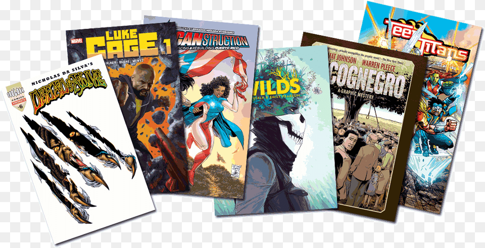 A Pile Of Comic Book Covers Comic Book Pile, Comics, Publication, Adult, Person Png Image