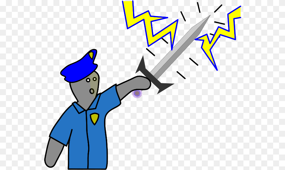 A Police Man Is In Awe Of A Sword He Found As He Holds Cartoon, Weapon, Baby, Person, Face Png