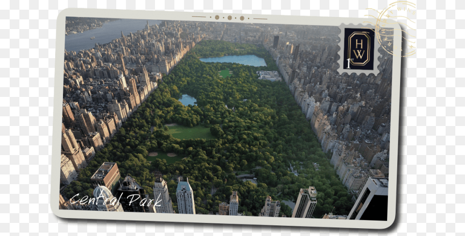 A Postcard Of An Aerial View Of Central Park In New, Metropolis, Architecture, Building, Urban Png Image