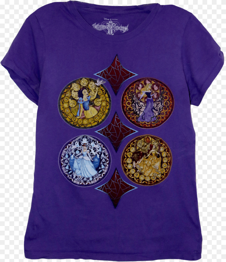 A Purple T Shirt With Four Mosaics Of Snow White Cinderella Active Shirt, Clothing, T-shirt, Applique, Pattern Free Transparent Png