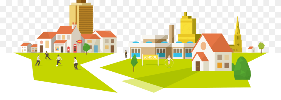 A Residential Landscape With A Church School Office Illustration, Plant, City, Grass, Neighborhood Free Png Download