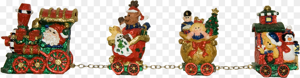A Resin Christmas Train With 4 Parts Covered With Christmas Ornament, Figurine, Person, Machine, Wheel Png Image