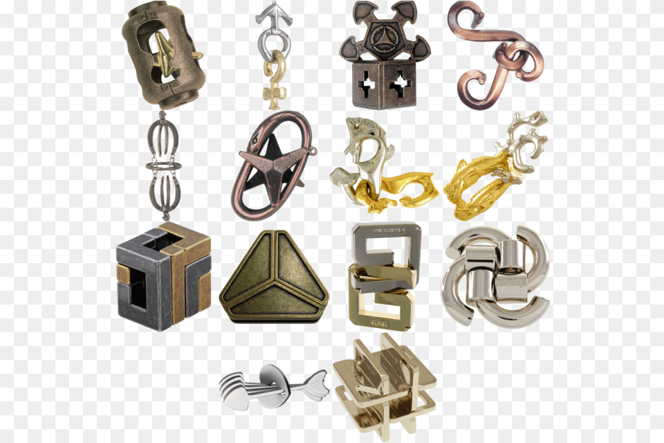 A Set Of 14 Hanayama Puzzles Mechanical Puzzle, Accessories, Bronze, Earring, Jewelry Png