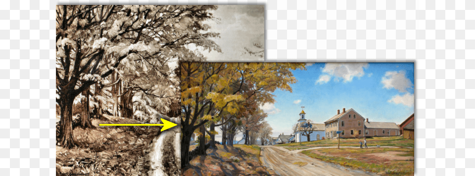 A Side By Side Comparison Of The Trees Of Falling Gold Painting, Art, Architecture, Plant, Tree Png