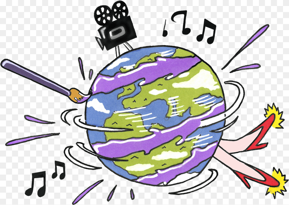 A Spinning World With Music Notes A Film Camera And, Astronomy, Outer Space, Planet, Globe Png