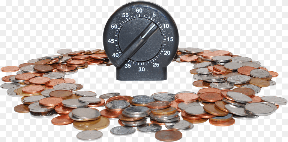 A Splash Of Coins Surrounding A Timer To Designate Money, Coin Free Transparent Png