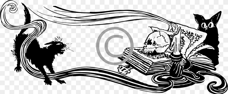 A Spooky Scene With A Cat And Bat A Skull On An Open Spooky Halloween Clip Art, Gray Free Transparent Png