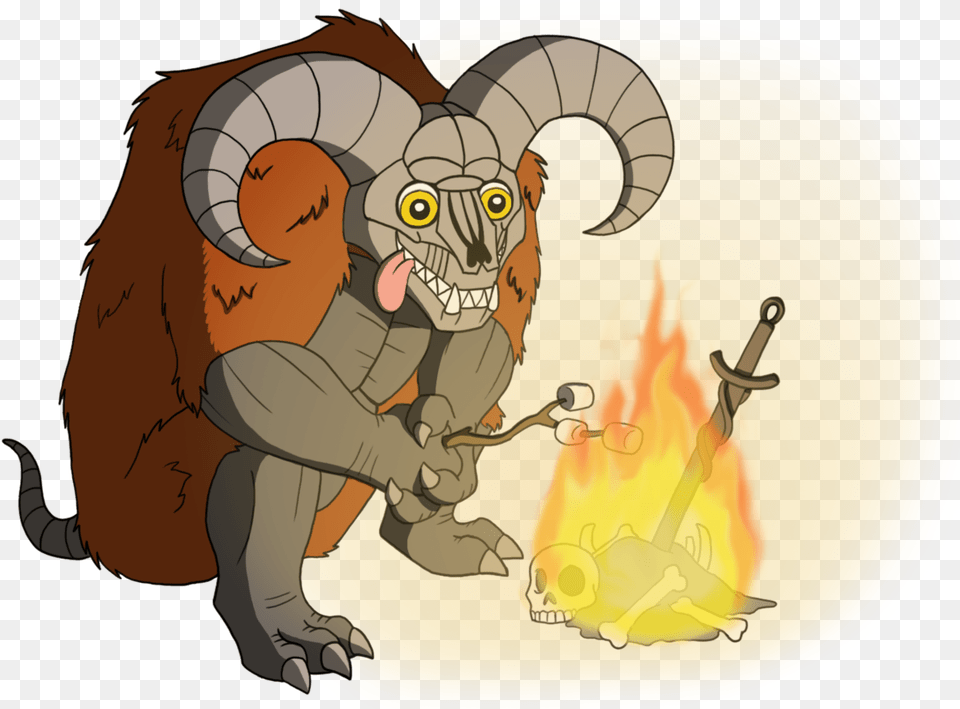 A Taurus Demon Roasting Marshmallows Over A Bonfire Cartoon, Baby, Person, Animal, Wildlife Png Image