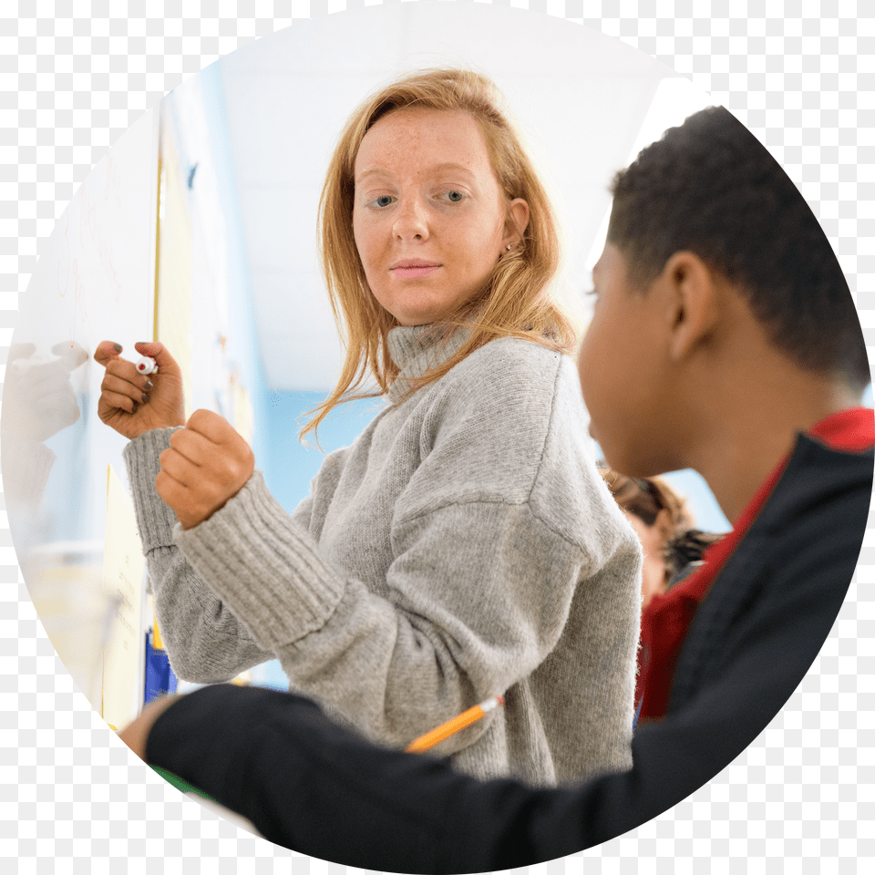 A Teacher And Student At A Whiteboard Girl, Person, Face, Head, White Board Free Png Download