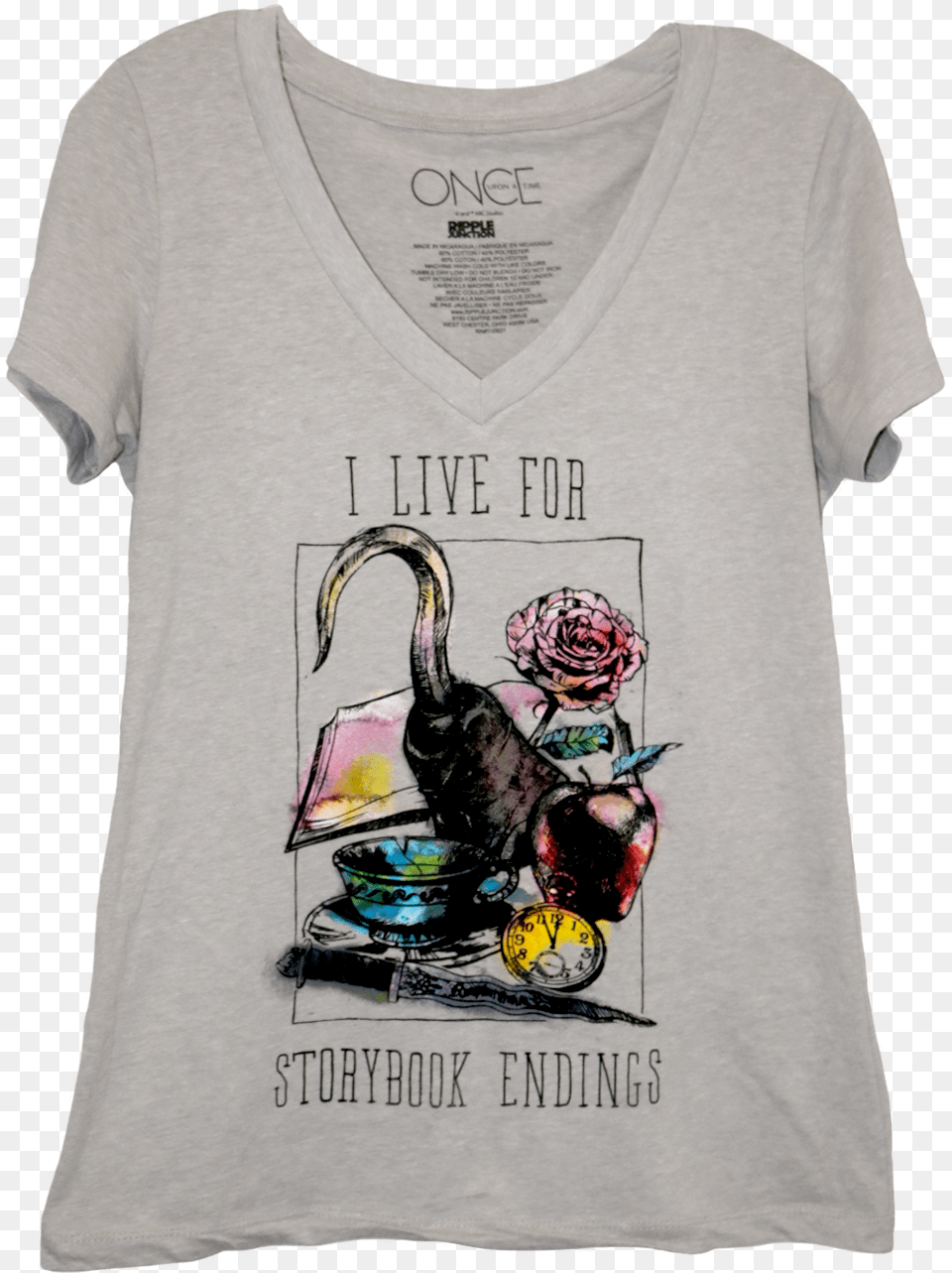 A V Neck T Shirt With Watercolor Images Of A Hook Live For Storybook Endings Shirt, Clothing, T-shirt, Cup, Flower Free Png Download