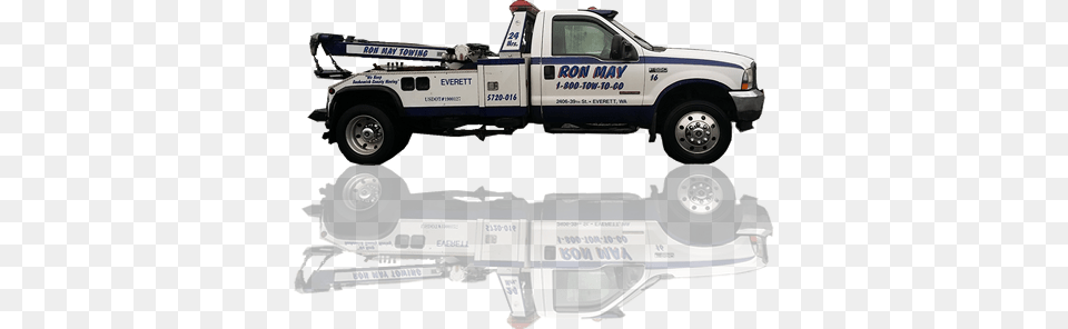 A White Ron May Towing Tow Truck With A Reflection Tow Truck, Tow Truck, Transportation, Vehicle, Moving Van Png