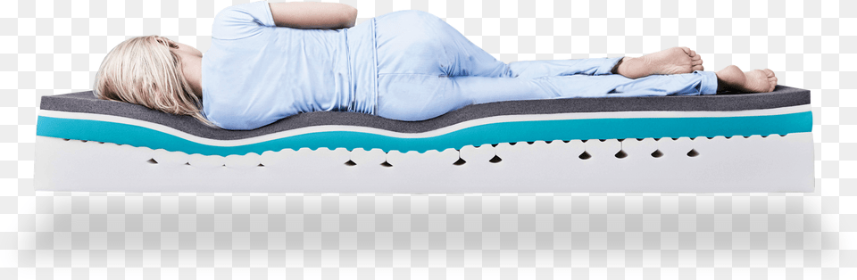 A Woman Comfortably Sleeping On Her Side On A Simba Mattress, Person, Furniture, Cushion, Home Decor Png
