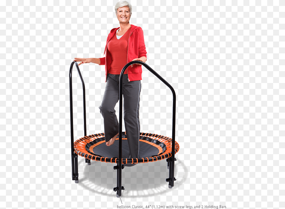 A Woman Of About 70 Exercising With Support Hand Bars Old People On Trampoline, Adult, Male, Man, Person Png Image