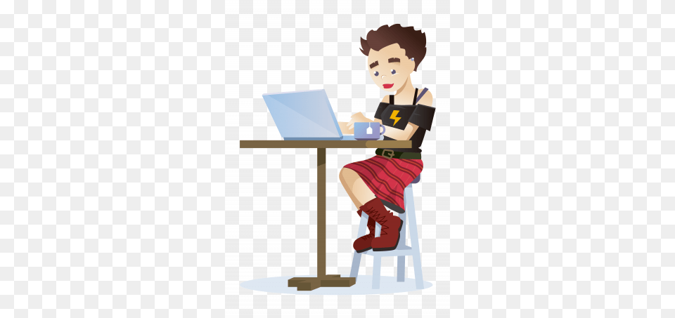 A Woman Working As A Freelancer In A Coffee Shop With Tea, Table, Computer, Desk, Electronics Free Transparent Png