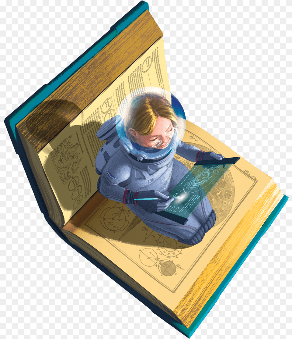 A Young Astronaut Sitting On An Open Book Filled With Teen Summer Reading 2019, Person, Publication, Adult, Female Png Image