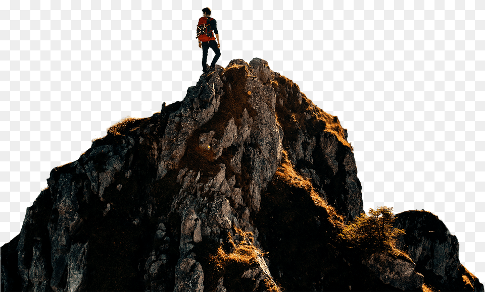 A Young Man Reaching The Top Of The Mountain Symbolising Man On Mountain Transparent, Adventure, Rock, Person, Peak Free Png