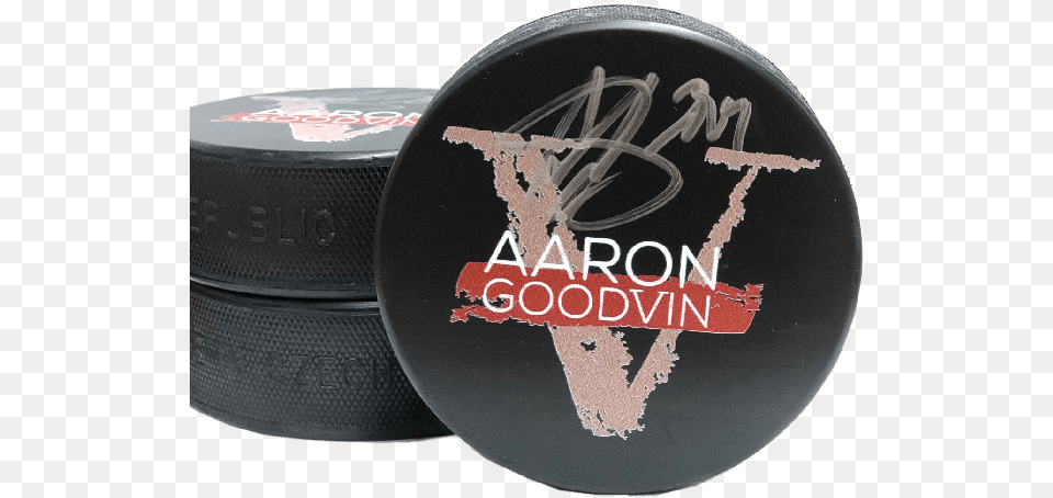 Aaron Goodvin Autographed Hockey Puck V Album Logo Reindeer, Face, Head, Person, Disk Free Png