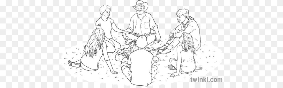 Aboriginals Sitting Around A Fire Circle Campfire Talking Sitting Around A Campfire Drawing, Person, Baby, Art, Man Free Transparent Png