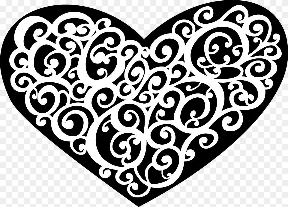 Abstract Art Black Decorative Heart Black And White Swirly Hearts, Pattern, Graphics, Stencil, Floral Design Png