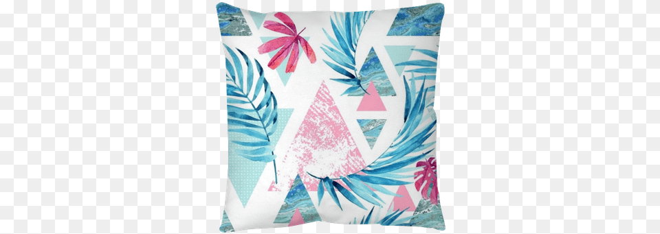 Abstract Watercolor Triangle And Exotic Leaves Seamless Watercolor Painting, Cushion, Home Decor, Pillow Png Image