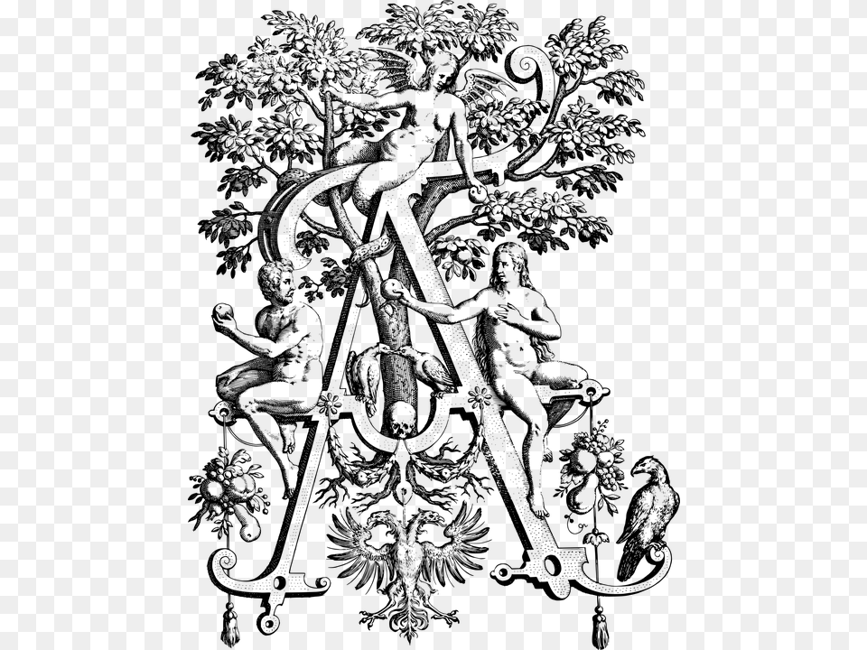 Adam Eve Garden Of Eden Satan Devil Vintage Johann Theodor De Bry Alphabet, Gray Free Transparent Png