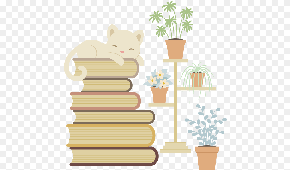 Adding The Cat And Books Cartoon, Plant, Potted Plant, Animal, Mammal Free Png