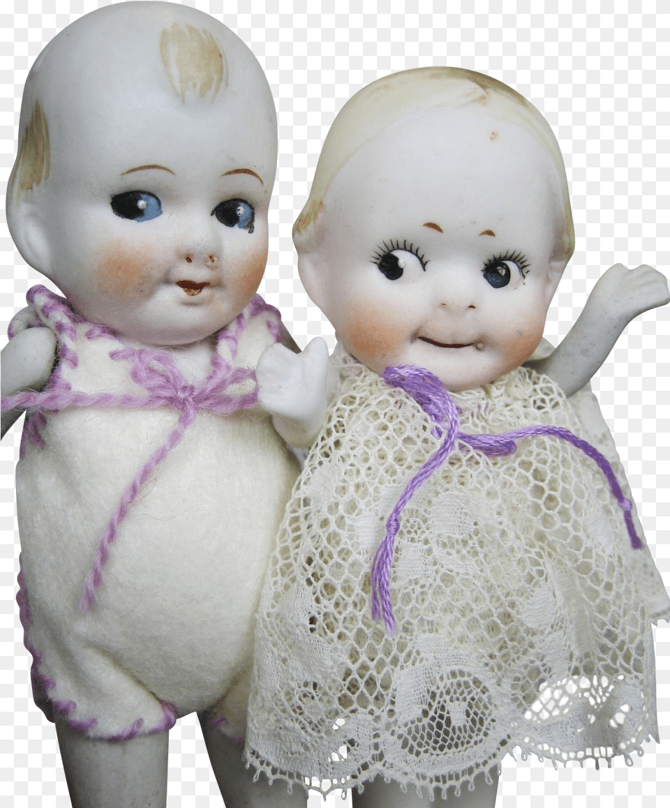 Adorable Pair Of Antique Bisque Googly Eye Kewpie Dolls Doll, Toy, Face, Head, Person Png