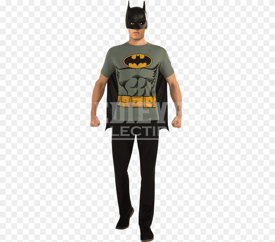 Adult Batman Grey Cape T Shirt With Mask Easy Batman Costume, T-shirt, Clothing, Person, Man Free Png