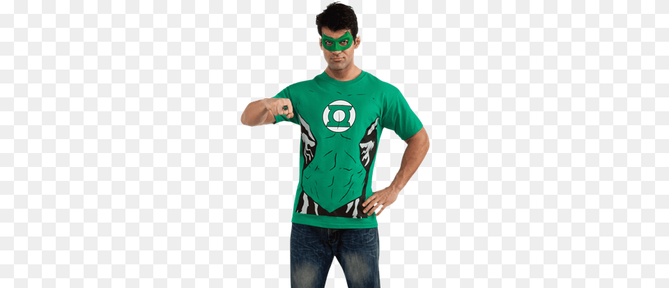 Adult Green Lantern T Shirt With Eye Mask And Ring Green Lantern Adult T Shirt Costume Kit Adult Costumes, Clothing, T-shirt, Male, Man Free Transparent Png