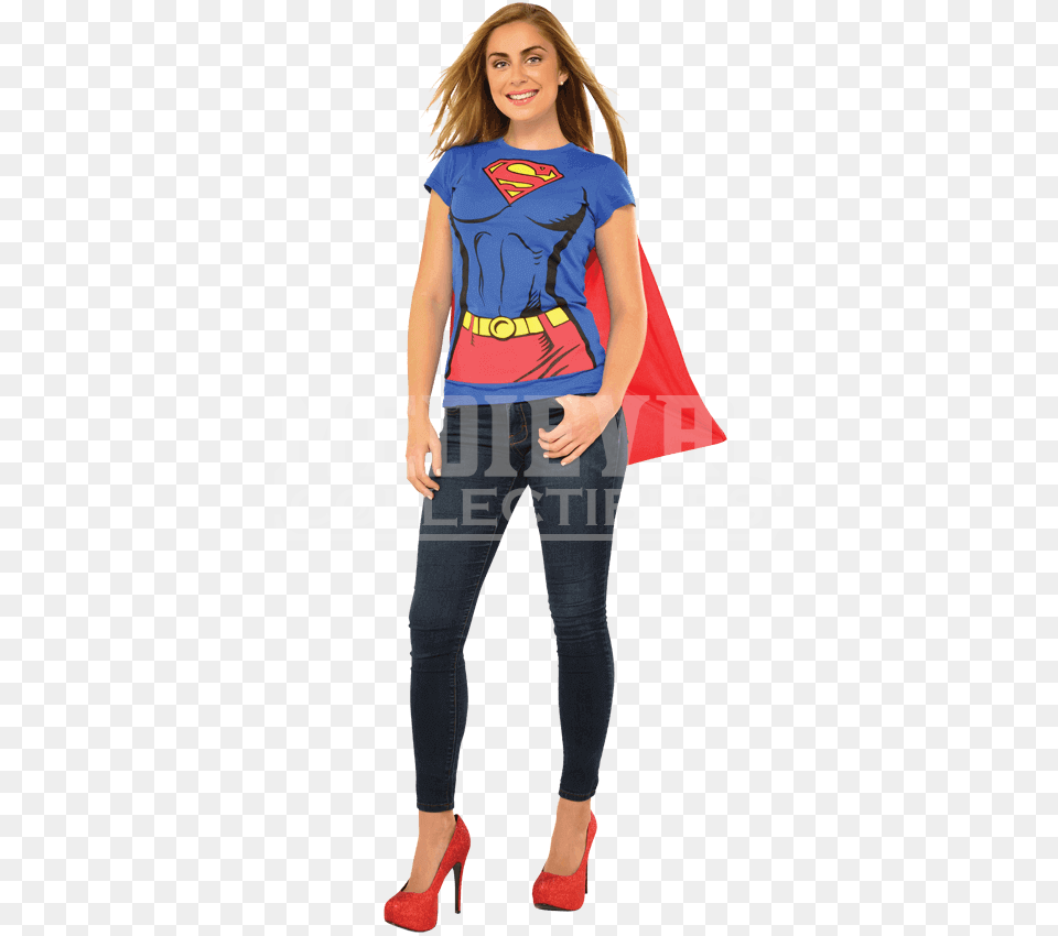 Adult Supergirl Cape T Shirt, T-shirt, Clothing, Pants, Person Png Image