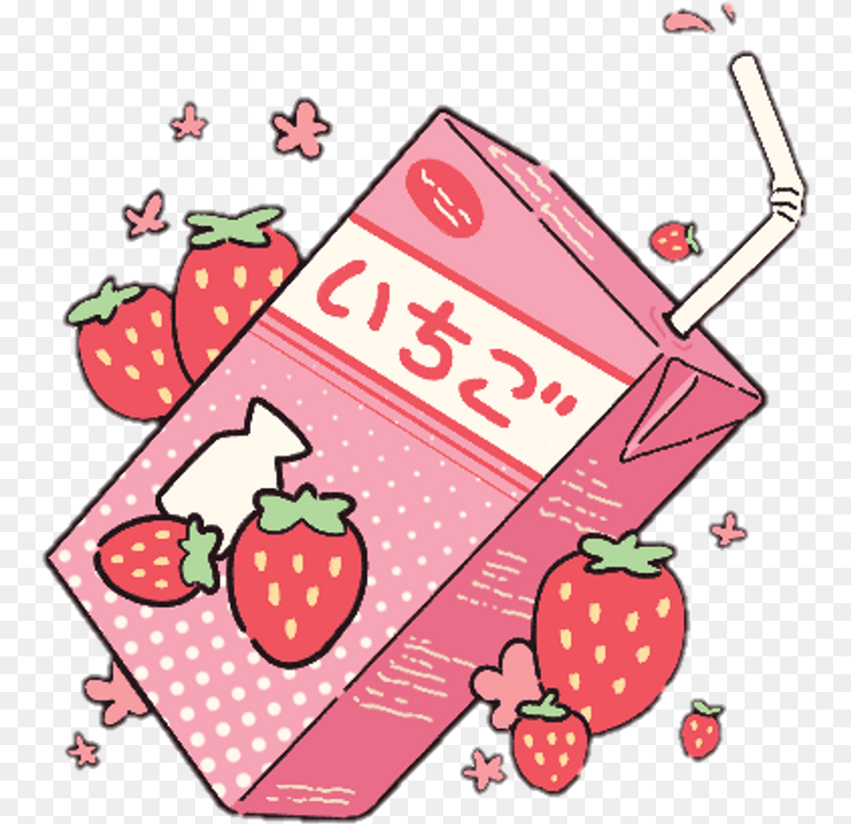 Aesthetic Kawaii Milk Strawberry Pink Aesthetic Kawaii Strawberry, Produce, Plant, Fruit, Food Png Image