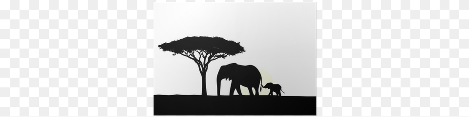 African Elephant With Baby Silhouette Poster Pixers Silhouette Baby Elefant, Nature, Field, Grassland, Savanna Free Png