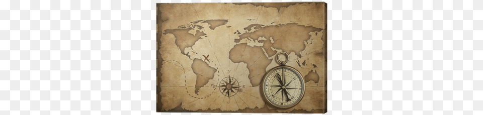 Aged Brass Antique Nautical Compass And Old Map With Vintage World Map With Compass Free Png