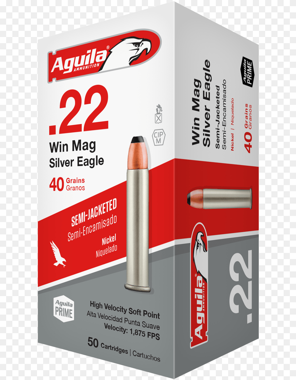 Aguila 22 Winchester Magnum Ammunition Silver Eagle Aguila 22 Magnum Ammo, Weapon, Bullet Free Png