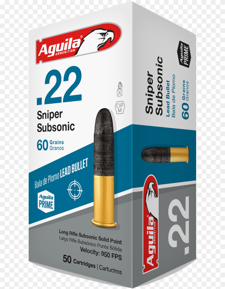 Aguila 22lr Ammunition Sniper Subsonic 60 Grain Lead Aguila Sniper Subsonic, Weapon, Bullet, Face, Head Free Png Download