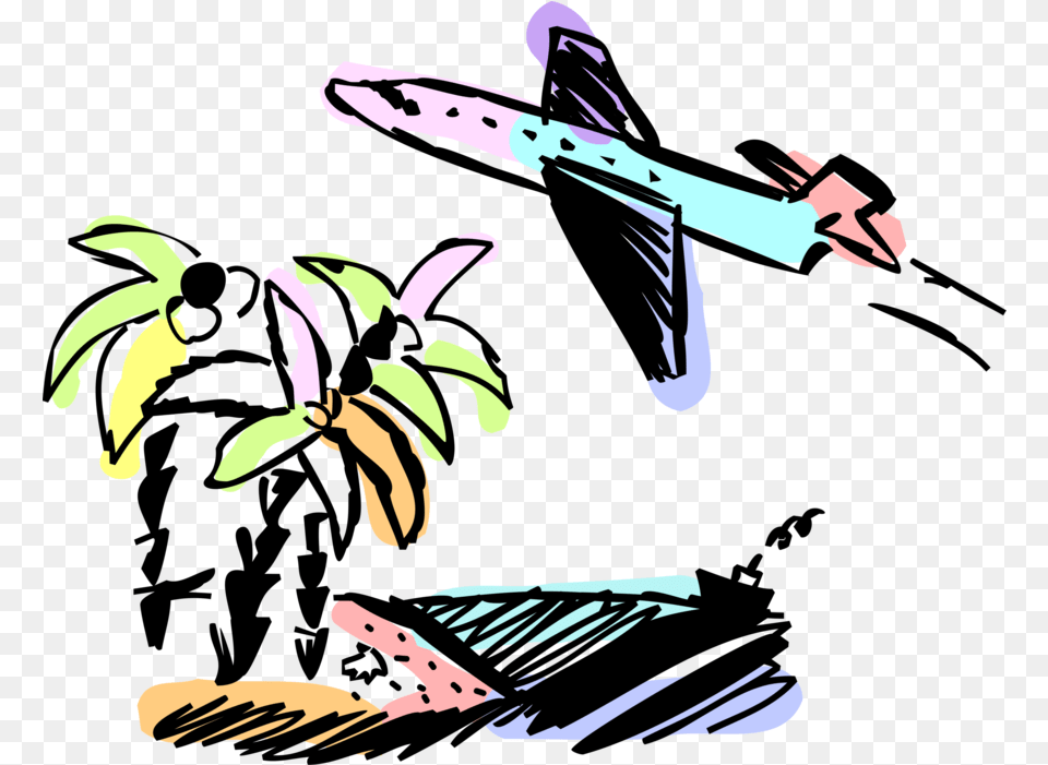 Airplane With Island Destination Palm Trees Vector Image Airplane Palm Tree Logo, Fruit, Banana, Produce, Plant Free Png Download