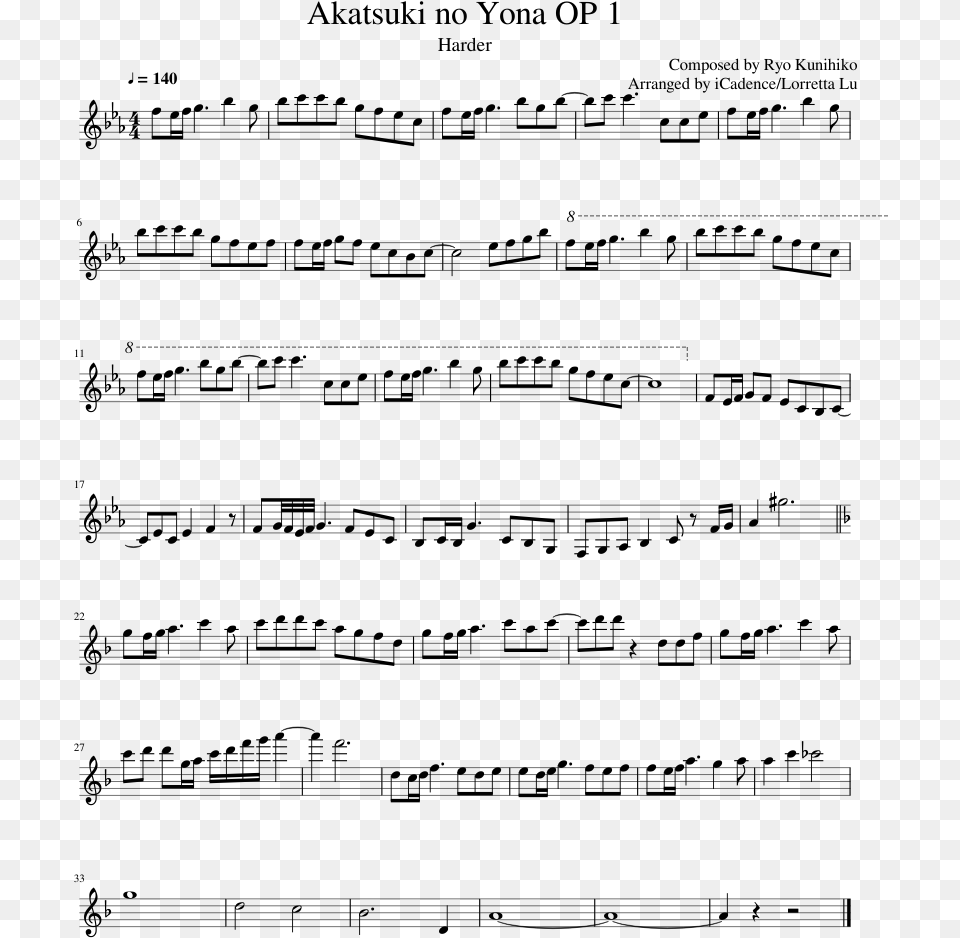 Akatsuki No Yona Op 1 Harder Sheet Music For Flute Akatsuki No Requiem Piano Sheet, Gray Free Png